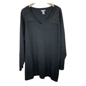 Catherine’s Black Studded Metallic Long Sleeve Top Blouse Women’s Plus Size 3X